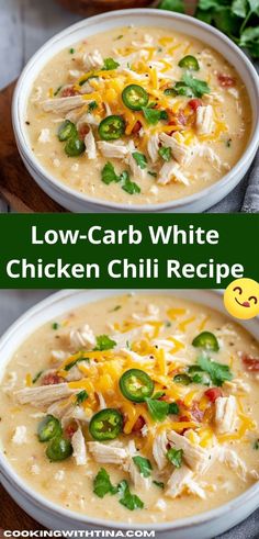 two bowls of low carb white chicken chili soup with cheese and green peppers on top