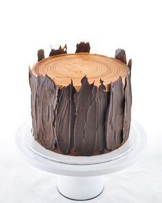 a cake with chocolate frosting on a white plate and wooden slice in the middle