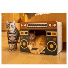 two cats standing next to each other in front of a radio shaped like a cat house