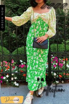 Vintage Elegant Floral Split Joint Contrast V Neck Dresses Trendy Spring Maxi Dress For Garden Party, Green Maxi Dress For Spring, Chic Green Maxi Dress For Spring, Trendy Green Dresses For Garden Party, Trendy Green Spring Dresses, Trendy Flowy Green Dress, Trendy Green Flowy Dress, V Neck Dresses, Chiffon Fashion