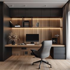 a home office with wood paneling and built - in shelving, along with a computer desk