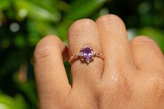 Natural Amethyst Ring, Vintage Inspired and paired with a V Shaped band, made of 10k Gold with the color of your choice Main Ring Gemtype: Natural Amethyst Main stone size: 4x6mm side Stone: D color Moissanite Metal Type: 10k Gold , color of your choice Metal Stamp: 10k Stone Origin: Brazil V shaped Band Metal Type: 10k Gold Stone: Moissanite Stone color: D Packaged in a gift ready box. Perfection takes time, please allow 2-3 weeks production time. thanks IMPORTANT: Sizes Fit True, please always Dainty Amethyst Wedding Ring With Prong Setting, Dainty Oval Amethyst Wedding Ring, Dainty Purple Amethyst Ring For Wedding, Dainty Purple Amethyst Wedding Ring, Heirloom Purple Sapphire Ring For Anniversary, Lavender Wedding Ring With Birthstone, Lavender Birthstone Rings For Wedding, Lavender Birthstone Wedding Rings, Amethyst Rings With Halo Setting For Wedding