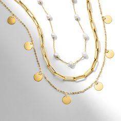 Ross-Simons - Italian 14kt Yellow Gold Multi-Circle Necklace. 16". RS Pure. Modern designs that complete your outfit and complement your personality. Here's an easy way to achieve a minimalist yet feminine look. Multiple circles of polished 14kt yellow gold drop from a simple cable chain with a 2" extender. This dainty necklace will become an instant favorite in your collection! Made in Italy. Springring clasp, 14kt yellow gold multi-circle necklace. Gold Link Necklace, Pearl Birthstone, Layer Necklace, Gold Link, Necklace Pearl, Gold Paper, Station Necklace, Circle Necklace, Freshwater Cultured Pearls