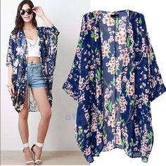 Light And Flowy Chiffon Kimono Perfect For Protecting You From The Sun While Still Being Sexy And Fun. Length 40.16" Bust 44.09" Sleeve 14.96" Shoulder 19.29" Can Fit Xs-L Chiffon Kimono Cardigan, Look Hippie Chic, Casual Chiffon Blouse, Loose Kimono, Printed Chiffon Blouse, Flower Print Blouse, Mode Kimono, Cardigan Outfit, Floral Print Kimono