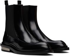 Ankle-high patent leather boots in black. · Pointed moc toe · Pull-loop at heel collar · Elasticized gusset at sides · Grained leather lining · Stacked leather heel and midsole · Metal block heel with rubber injection · Leather sole Supplier color: Black Patent Leather Boots, Jil Sander, Black Ankle Boots, Sanders, Leather Heels, Leather Boots, Patent Leather, Block Heels, Ankle Boots