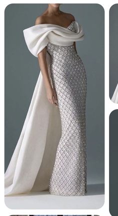 three different dresses with white and silver details on them, one is off the shoulder