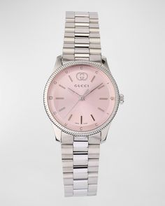 Find GUCCI G-timeless Slim Watch With Diamonds And Bracelet Strap on Editorialist. GTimeless watch from Gucci Case dimensions: approx. 40mm Stainless steel case and bracelet Light pink dial with baton indices Interlocking G and logo text at 12 o'clock White diamonds at 3 o'clock and 9 o'clock GUCCI text from 10 to 2 o'clock and 8 to 4 o'clock Threelink bracelet strap with folding closure Sapphire glass window; antireflecting coating Diamond total carat weight: 0.008 Water resistant to 5 ATM Thre Gucci Diamond Watch With Metal Dial For Formal Occasions, Gucci Classic Diamond Watch With Diamond Hour Markers, Gucci Formal Diamond Watch With Subdials, Gucci White Gold Elegant Diamond Watch, Elegant Gucci Diamond Watch In White Gold, Elegant Gucci White Gold Diamond Watch, Gucci Diamond Watch With Elegant Style, Elegant Gucci Diamond Watch With Diamond Hour Markers, Elegant Gucci Diamond Watch With Hour Markers