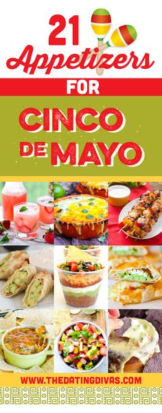 the cover of 21 appetizers for cinco de mayo, with images of mexican food