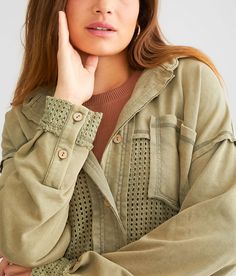 BKE Pieced Crochet Hooded Shacket - Green X-Small, Women's Vetiver Washed button down raw edge shirt jacket Bust measures 48 on size small Body length 27 on size small. Layering piece(s) and/or accessories sold separately.. Self: 53% Cotton 47% Polyester. Contrast: 100% Cotton. Hand wash cold. Do not bleach. Do not iron. Do not dry clean.. Measurements: Bust -Fullest part of bust with arms at sides. Waist -Circumference of natural waist: above belly button below rib cage. Hips -Standing with fee Fall Cotton Hooded Jacket With Buttons, Hooded Top With Pockets For Spring, Casual Long Sleeve Hooded Jacket With Button Closure, Casual Hooded Top With Button Closure, Spring Hooded Top With Pockets, Casual Hooded Jacket With Button Closure, Casual Long Sleeve Utility Jacket With Drawstring Hood, Casual Cotton Hooded Jacket With Patch Pockets, Hooded Cotton Top With Button Closure