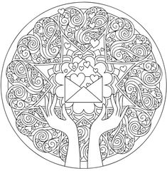 a coloring page with hands holding an envelope in the shape of a tree and hearts