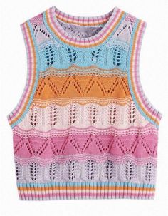 a multicolored knitted sweater vest with an openwork pattern on the chest