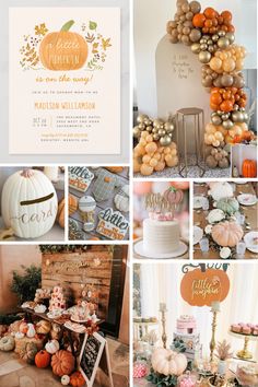 a collage of photos with pumpkins and other items on it, including cake