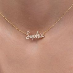 This 14k personalized diamond name necklace is the perfect gift for the bridal party, someone special, or yourself. How to order 1- Pick the fonts you like and send us a message 2- We will send you a picture of your name with the fonts you chose 3- If you like it any of them, place your order. 4- We send a final 3d mock up for approval. 5- Once approved we go ahead and finish your necklace. __________________________________________ M A T E R I A L & L E N G T H Available in 14k Yellow Gold, 14k Cheap Customizable Pink Name Necklace, Name On Necklace, Affordable Mother's Day Name Necklace Gift For Her, Necklace Names Ideas, Luxury Diamond Nameplate Necklace Gift, Personalized White Diamond Necklace, Classic Personalized Diamond Necklace For Anniversary, Personalized White Diamond Necklace As A Gift, Personalized White Diamond Necklace As Gift