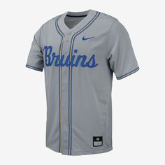 Rep UCLA Baseball while looking like you just stepped off the diamond yourself in this replica baseball jersey. Team details pair with a button-down design and a classic fit to give you a look that's ready for every day, not just game day. Collegiate Baseball Jersey With Team Logo, Collegiate Cotton Baseball Jersey For Fans, College Throwback Baseball Jersey With Team Logo, Cotton Baseball Jersey With Team Logo And Collar, Collegiate Baseball Jersey For Baseball Season, College Baseball Jersey With Baseball Collar, Varsity Baseball Jersey With Baseball Collar, Throwback Baseball Jersey With Team Logo, Varsity Baseball Jersey With Collar For College