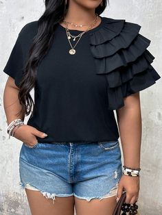 Plus Size Vacation Casual Ruffle Trim Short Sleeve T-Shirt Black Casual  Short Sleeve Knitted Fabric Plain  Medium Stretch  Women Plus Clothing, size features are:Bust: ,Length: ,Sleeve Length: Streetwear Blouse, Ruffle Top Blouses, Casual Shirt Women, Ruffled Top, Short Sleeve Pattern, Ruffle Shorts, Ruffle Top, Flat Design, Ruffle Trim