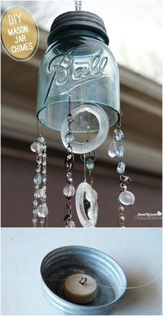 a mason jar wind chime with beads hanging from it