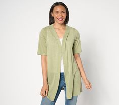 Add a lightweight layer to your look with this easy-breezy slub knit cardigan. From Denim & Co.® Fashions. Lightweight Casual Cardigan For Layering, Lightweight Casual Cardigan For Spring, Spring Stretch Cardigan For Everyday, Spring Everyday Stretch Cardigan, Easy Breezy, Elbow Sleeve, Sleeve Cardigan, Elbow Length Sleeve, Sweater Fashion