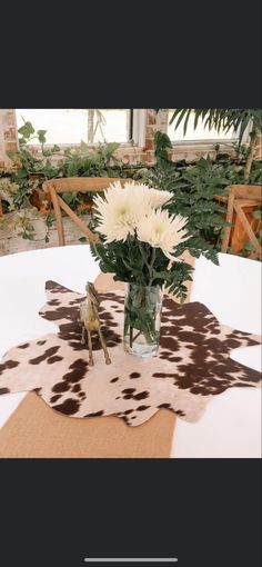 a vase filled with white flowers sitting on top of a table next to a cowhide rug