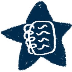 a blue star with white writing on it