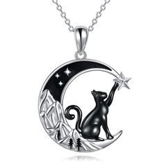 PRICES MAY VARY. ❀Black Cat Necklace -- This Necklace features a black cat picked the stars on the moon with mountain elements make it unique，Black cats represent protection make it as the best gift for daughter girlfriend granddaughter cat lover or perfect for everyday wear! ❀Material -- 925 Sterling Silver and Black Plated 925 Sterling Silver, Nickel-free, Lead-free, Cadmium-free and Hypoallergenic, Especially for those with sensitive skin. ❀SIZE -- The pendant size is 0.83*1.22 inch with 18+2 Black Cat Jewelry, Black Cat Necklace, Necklace Cat, Mountain Necklace, A Black Cat, Moon Pendant Necklace, Cat Pendants, Cat Jewelry, Cat Necklace