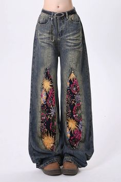 oversized wide-leg jeans with space-themed patches, sequins jeans, celestial aesthetic clothes Firework Design, Fireworks Design, Design Jeans, Denim Decor, Streetwear Jeans, Measuring Tools