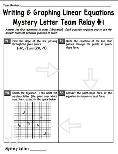 the writing and graphing linears mystery letter team relay 1 worksheet is shown