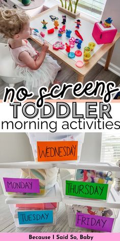 there is a child sitting at a table with toys on it and the words, no screen toddler morning activities