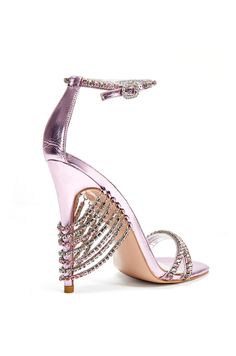 Pink Sandals With 4-inch Heel For Evening, Pink Ankle Strap Sandals For Prom, Pink Round Toe Sandals For Prom, Glamorous Pink Sandals For Night Out, Glamorous Pink Sandals For Party, Glamorous Pink Heels For Party, Pink Sandals With Heel Strap For Party, Pink High Heel Sandals For Night Out, Pink Heel Strap Sandals For Prom