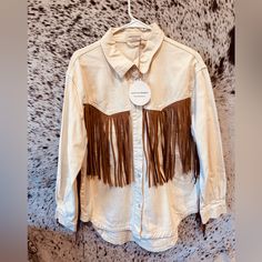 Saints & Hearts Women's Western Ivory Faux Leather Fringe Pearl Snap Rodeo Equestrian Shirt Blouse Kl132 - New With Tags - Size: Medium - Bust: 22" Pit To Pit - Length: 31" Brown Fur Vest, Navy Wool Coat, Equestrian Shirt, Eddie Bauer Jacket, Hoodie Vest, Heart Women, Long Trench Coat, Western Shirt, Leather Fringe