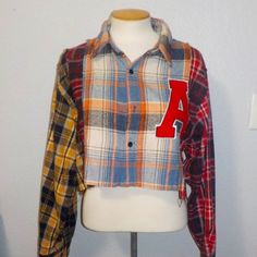 Better Be Brand Clothing Misses Size Large Plaid Cropped Varsity Style Jacket Pieced In Multi-Color And Multi-Plaid Design Red Letter "A" On Left Side Collar Neckline Unfinished Hemline 40% Polyester 40% Acrylic 10% Viscose 10% Wool New With Tags Winter Patchwork Tops For College, Plaid Patchwork Tops For Fall, Casual Flannel Patchwork Tops For Fall, Multicolor Long Sleeve Flannel Top, Spring Crop Tops, Super Crop Top, Ruffle Lace Top, Ribbed Halter Top, Clothing Upcycle