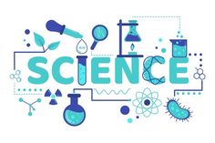 the word science is surrounded by icons and beakles in blue on a white background