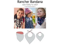 Please note ** This listing is for a downloadable PDF sewing pattern and tutorial, not for a finished garment** The Rancher Bandana is a great accessory for all ages - and even four-legged friends!  A bib with adjustable snap closure for babies, cowls to slip over the head for older kids through adults, or a version to tie around the neck or head for all sizes.  You'll be ready for adventure under the big sky with the Rancher Bandana! Sizes baby through adult. Recommended fabrics include:  Medium weight cotton or cotton blends such as quilter's cotton, chambray, flannel.  Sturdy knit like cotton Lycra, interlock, or velour. You may make and sell garments made from this pattern on a home-production basis.  I'd love it if you give credit to Jennuine Design in your listings.  Please contact m Headscarf Pattern, Bandana Pattern, Bandana Bib, Big Sky, Pdf Sewing Patterns, Four Legged, Dog Bandana, Head Scarf, Make And Sell