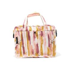 a pink, yellow and white bag with handles on it's sides is sitting against a white background