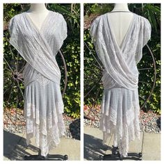 Gorgeous Vintage 80s Climax David Howard By Karen Okada Gray Midi Dress. Gray Bodycon Stretchy Dress With Light Gray Lace Grecian Detailing. Strap Across Back By Neck. Outstanding Condition! Listed A Size 7/8, Best Fits A Modern Xs-S. 100% Polyester. Plunging V Neckline At Front And Back. Length 40-48” (Handkerchief Hem). Pit To Pit 16-17” Waist Flat Across Approx 13” Hips Flat Across Approx 19-20”. Fabric Stretches Plenty To Fit The Body When Worn. This Dress Can Be Dressed Up For A Night Out, Gray Midi Dress, Grey Midi Dress, Handkerchief Hem, Stretchy Dress, Lace Midi, Lace Midi Dress, Everyday Dresses, Dressed Down, Light Gray