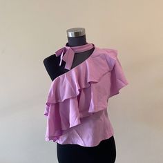 New Without Tags One Shoulder Ruffles Top Size L 97% Polyester 3% Spandex Fitted Ruffle Top For Brunch, Fitted Top With Ruffled Collar For Day Out, Feminine Party Tops With Ruffled Collar, Feminine Party Top With Ruffled Collar, Chic Tops With Ruffled Collar For Night Out, Purple Ruffled Blouse For Day Out, Ruffled Blouse For Night Out In Spring, Spring Blouse With Ruffles For Night Out, Trendy Stretch Blouse With Ruffles