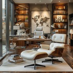 an office with a desk, chair and bookcase in the middle is shown here