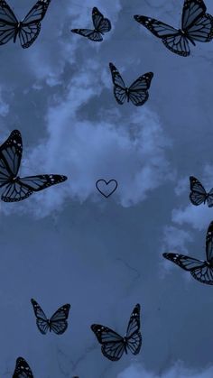 many butterflies flying in the air with a heart shaped object above them on a cloudy day