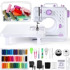 the sewing machine is set up with many different items to make it easier for someone to sew