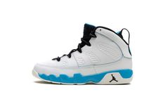 The Air Jordan 9 OG PS "Powder Blue" is the preschool sizing of the original colorway of the retro basketball shoe that debuted in 1993 before it was brought back in 2010 and here, in 2024.  The modern version of the “Powder Blue” Jordan 9 is crafted in the spirit of the original style from ‘93.  Moreover, the “Powder Blue” theme is inspired by Michael Jordan’s alma mater, the University of North Carolina.  The shoe is complete with a white leather construction with Powder Blue accenting on the Retro Basketball Shoes, Blue Jordans, Air Jordan 9, Retro Basketball, Jordan 9, Blue Theme, University Of North Carolina, Stadium Goods, Alma Mater