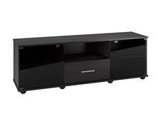 Black TV stand for TVs up to 75 inches, featuring sleek modern design with ample storage, glass doors, and metal handles. Ideal for contemporary living rooms. Tv Stand With Drawers, Faux Wood Grain, Black Tv Stand, Wooden Tv Stands, Black Tv, Media Stand, Tempered Glass Door, Tv Media, Storage Drawer