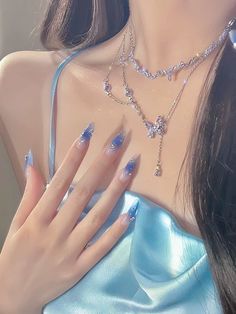 We invite you to embark on a dazzling journey through our exquisite collection of accessories! Blue Icicle Nails Korean, Acrylic Nails Ideas Jelly, Summer Rhinestone Nails, Korean Glass Nails Blue, Nail Ideas Douyin, Cute Acrylic Nails Y2k, Nail Art Douyin, Blue Ethereal Nails, Jelly Nail Art Designs