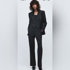 Zara Wool Blend Striped Pants Black Color Basic And Beautiful Zara Tailored Wide Leg Pants For Work, Chic Suits With Welt Pockets And Straight Leg, Zara Pantsuit For Office, Tailored High Waist Pantsuit With Pockets, Zara Office Pantsuit, Zara Tailored Straight Dress Pants, Zara Ankle-length Pantsuit, Zara Tailored Dress Pants For Work, Zara Tailored Trousers Pantsuit