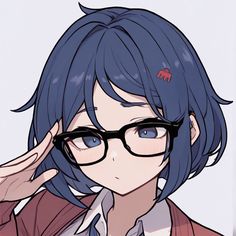 an anime character wearing glasses and a red jacket with blue hair, holding his hand to his face