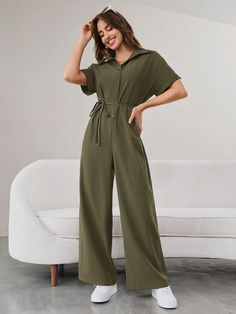 Women's Solid Color Collared Button Front Short Sleeve Playsuit Army Green Casual  Short Sleeve Woven Fabric Plain Other Non-Stretch  Women Clothing, size features are:Bust: ,Length: ,Sleeve Length: Short Jumpsuits For Women, Sleeveless Jumpsuits, Short Jumpsuit, Playsuit, Colorful Leggings, Army Green, Jumpsuits For Women, Women Clothes Sale, All Fashion