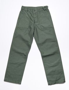 Full length flat shot of Orslow US Army Fatigue Trousers - Army Green Khaki Straight-leg Parachute Pants For Work, Military Straight Leg Pants With Patch Pockets, Khaki Cargo Pants With Five Pockets And Straight Leg, Military Style Relaxed Fit Straight Leg Pants, Military Style Cargo Pants With Relaxed Fit, Military Style Straight Leg Workwear Bottoms, Military Style Wide Leg Work Pants, Military Style Wide Leg Pants For Workwear, Military Bottoms With Patch Pockets And Tapered Leg