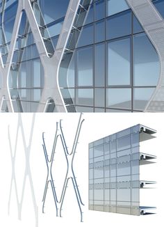 an architectural rendering of a building with glass walls and metal spirals on each side