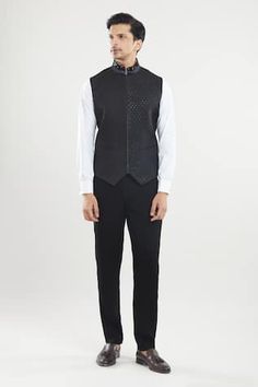 Black tuxedo with sequin embroidery. Paired with waist coat and pant. - Aza Fashions Designer Nehru Jacket For Festive Workwear, Semi-formal Fitted Nehru Jacket With Chikankari Embroidery, Formal Fitted Nehru Jacket With Chikankari Embroidery, Fitted Kurta For Festive Workwear, Festive Fitted Kurta For Workwear, Fitted Nehru Jacket For Eid, Fitted Nehru Jacket For Workwear And Eid, Embroidered Bandhgala For Festive Workwear, Elegant Black Nehru Jacket With Chikankari Embroidery