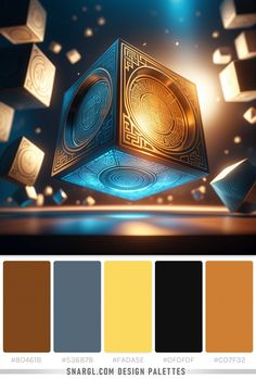 Design palette with colours: Russet (CMYK 0,45,79,50), Dark electric blue (CMYK 31,13,0,53), Jonquil (CMYK 0,13,62,2), Onyx (CMYK 0,0,0,94), Bronze (CMYK 0,38,76,20). Blue and gold cube with a pattern on it surrounded by cubes of different shapes and sizes on a dark background. #cmyk #palettes #Blue #graphic #colourbronze #onyxcolor #Russet #gold #shapes #design #colourschemes #cube #colouronyx #rgb #unique