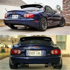 the back and side view of a blue sports car