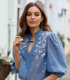 Fancy Shirts For Women, Embroidered Shirts For Women, Frill Neck Blouse, Fancy Shirt, Roses Blue, Embroidered Shirts, Love Roses, Fashion Top Outfits